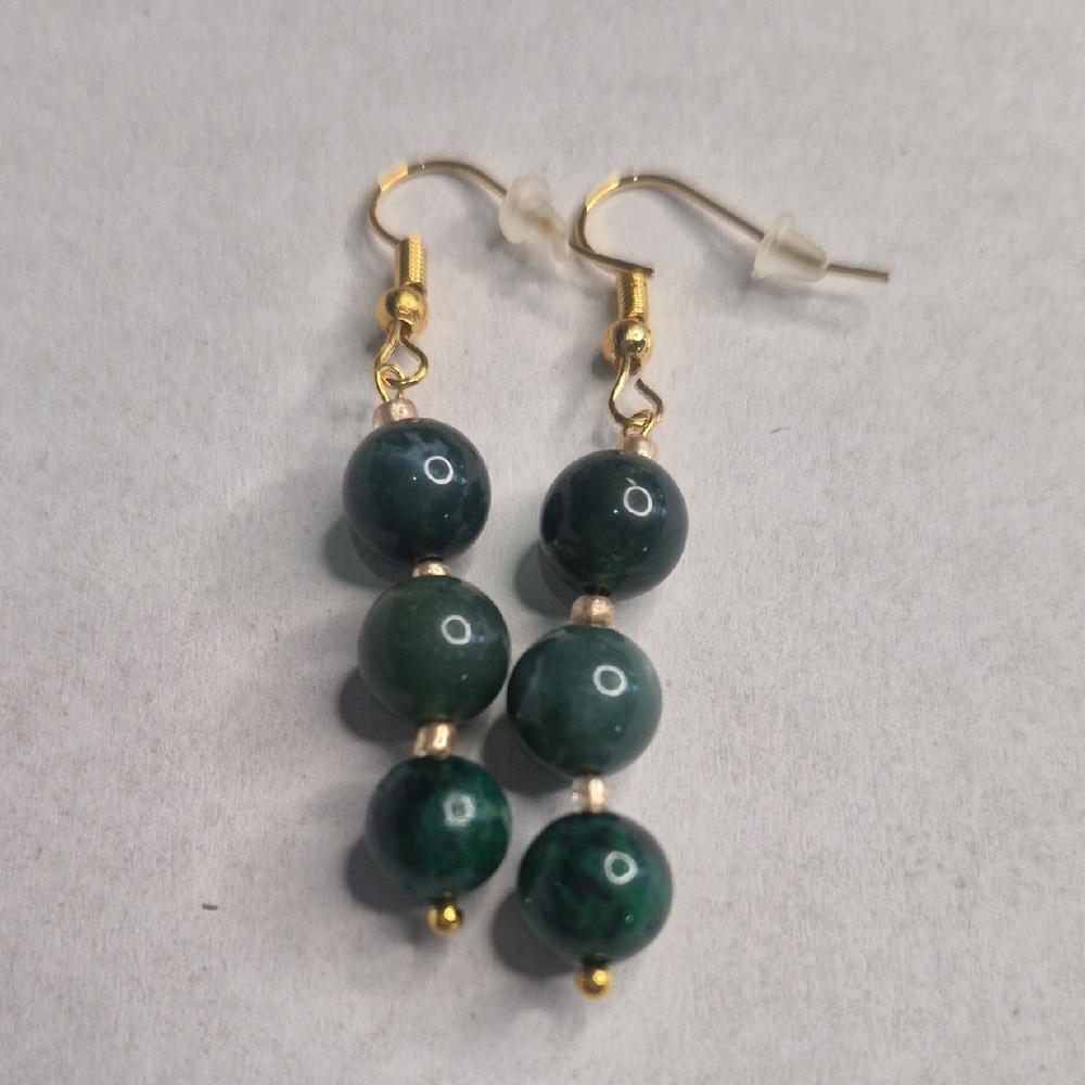 Green Jade Dangle Earrings On Gold Hooks (Natural Stone Beads)